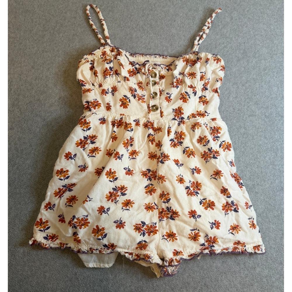 Urban Outfitters Floral Romper M Cream Orange Button Front Mini M